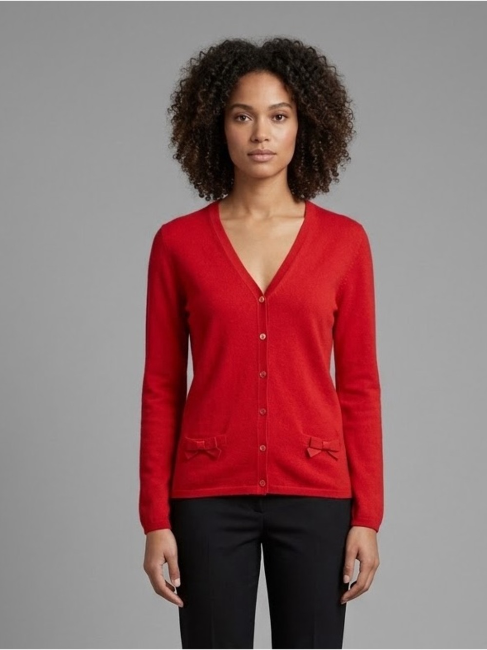 BURBERRY London Red V-Neck Button Cardigan Sweater Bow Pockets Sz L